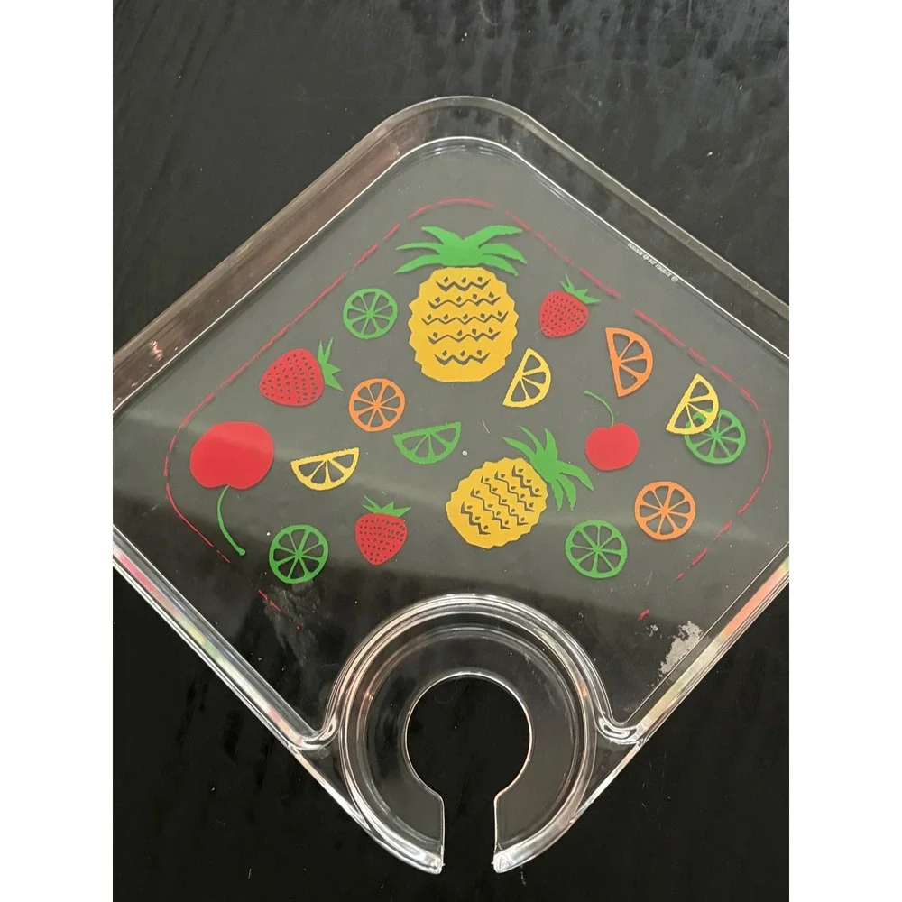 Vintage Acrylic Tropical Fruit Snack Trays with Wine Glass Holder Set of 8